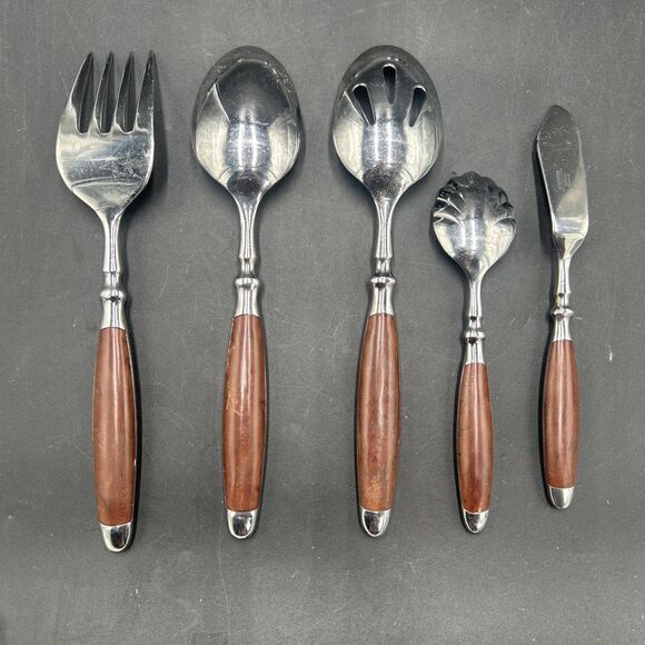 5 Piece Hampton Silversmiths Bistro Brown Serving Spoons Forks Stainless Set - Picture 2 of 3